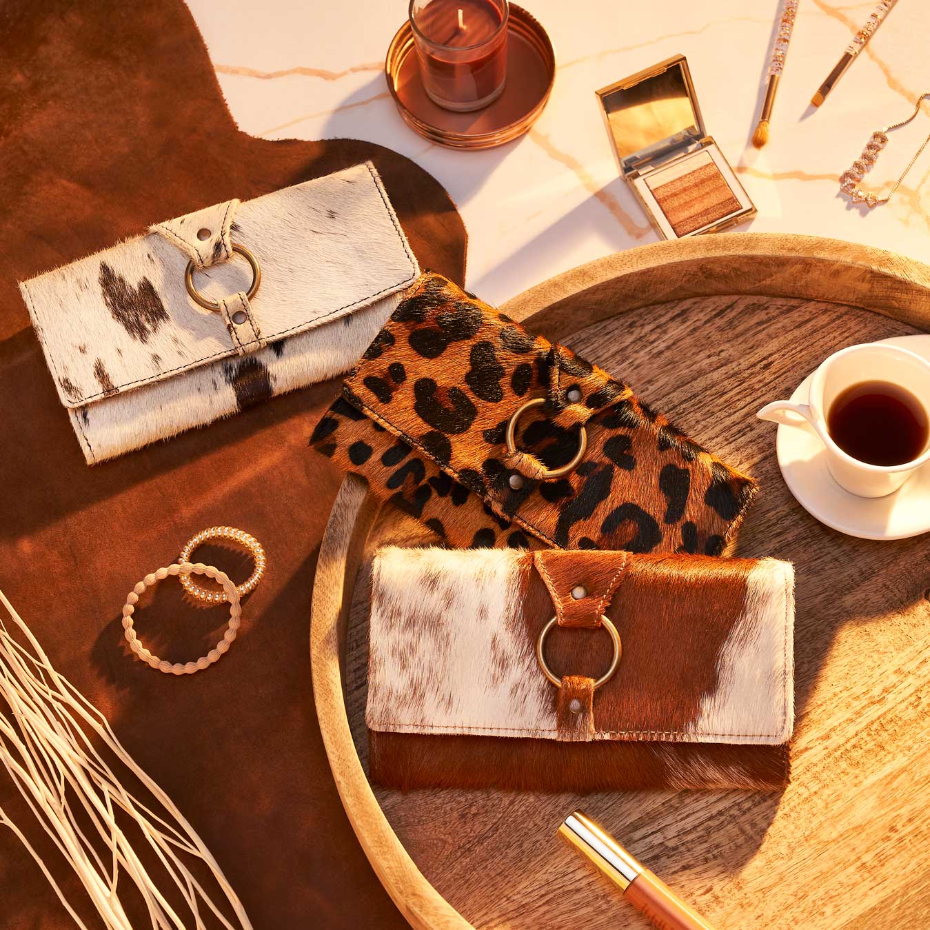 Myra Prairie Loop Hairon Leather Wallet for Women with Trifold Design, Brass Ring Closure, Western Cowhide Finish