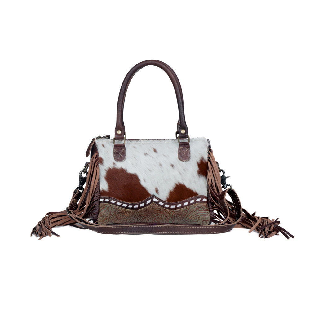 Myra Brown Freckles Concealed Carry Bag Hairon Leather with Fringe Detail and Tooled Trim, Dual Carry Western Tote