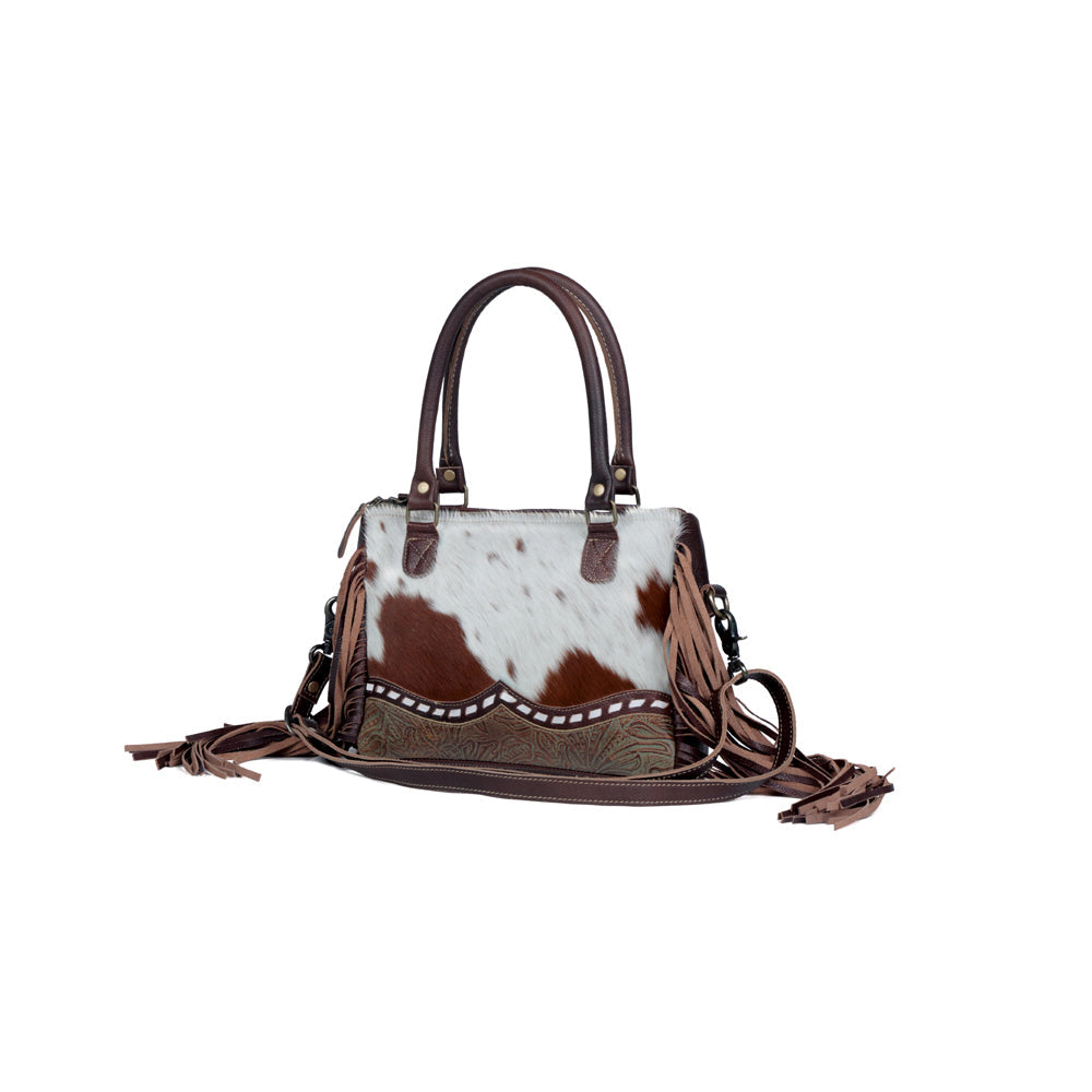 Myra Brown Freckles Concealed Carry Bag Hairon Leather with Fringe Detail and Tooled Trim, Dual Carry Western Tote