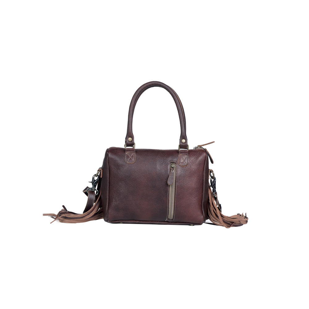 Myra Brown Freckles Concealed Carry Bag Hairon Leather with Fringe Detail and Tooled Trim, Dual Carry Western Tote