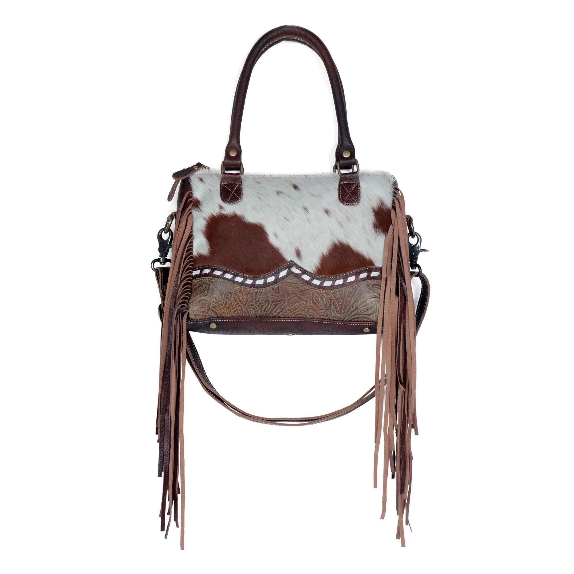 Myra Brown Freckles Concealed Carry Bag Hairon Leather with Fringe Detail and Tooled Trim, Dual Carry Western Tote