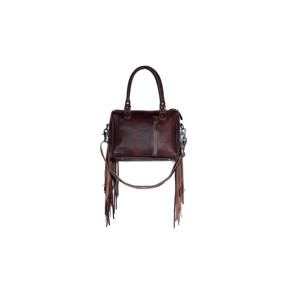 Myra Brown Freckles Concealed Carry Bag Hairon Leather with Fringe Detail and Tooled Trim, Dual Carry Western Tote