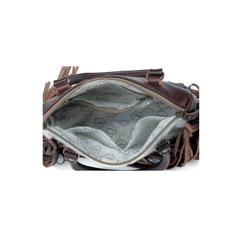 Myra Brown Freckles Concealed Carry Bag Hairon Leather with Fringe Detail and Tooled Trim, Dual Carry Western Tote