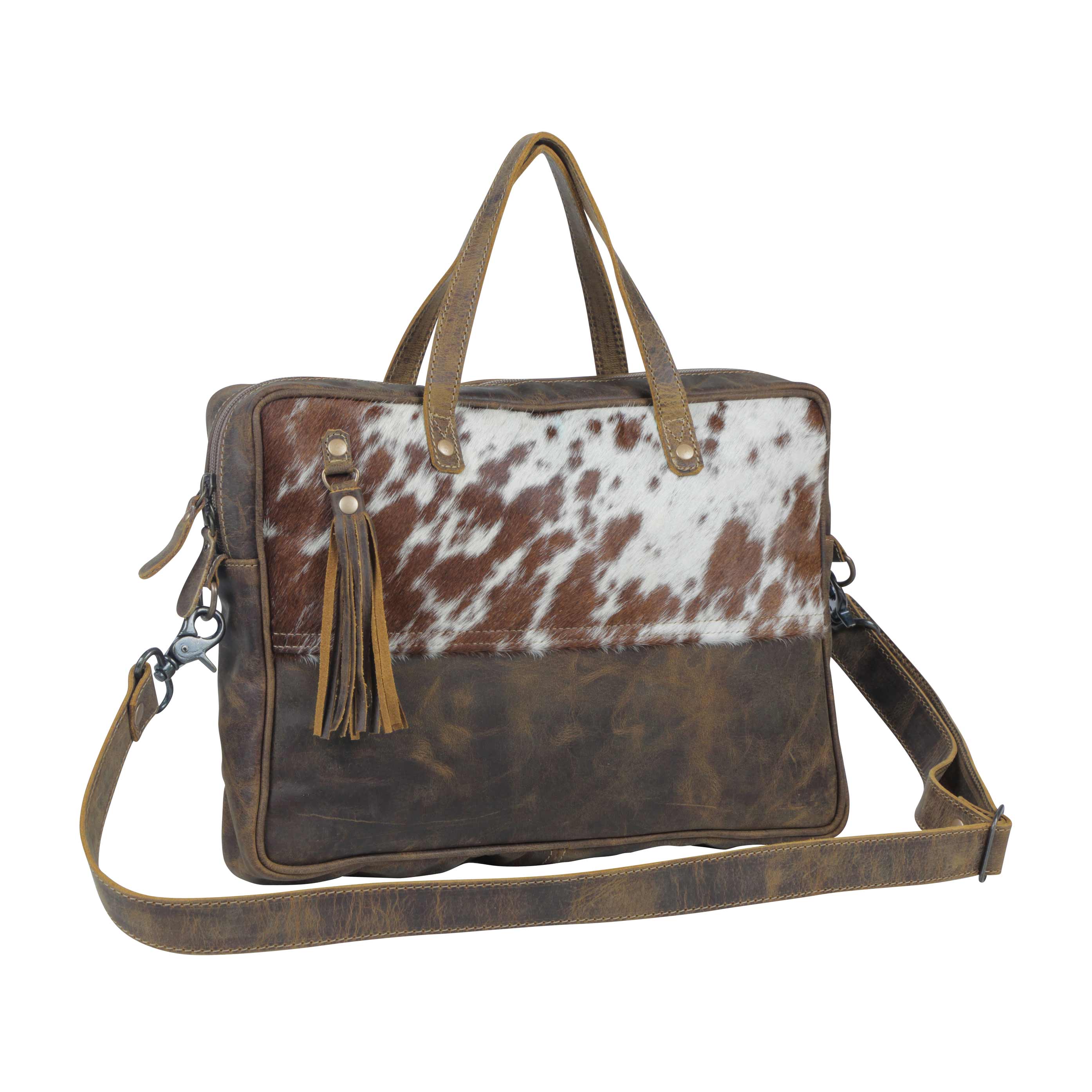 Myra Serenity Hair-On Leather Laptop Bag - Western Office Tote with Detachable Strap and Spacious Interior for Easy Carry