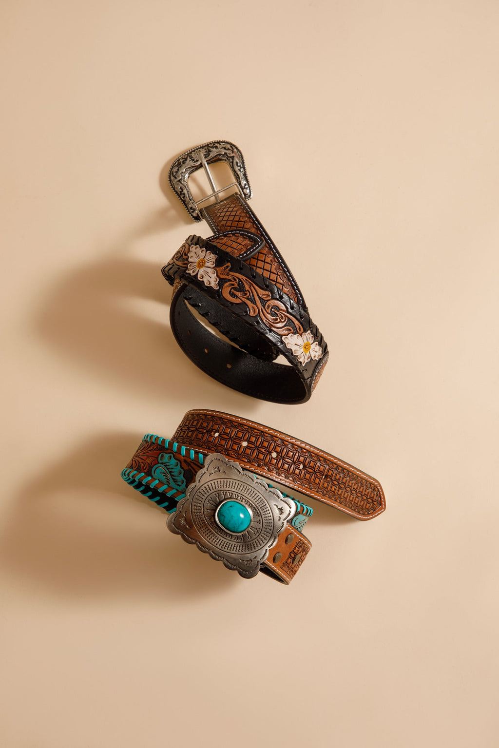 Checkered brown Hand-Tooled Leather Women's Belt