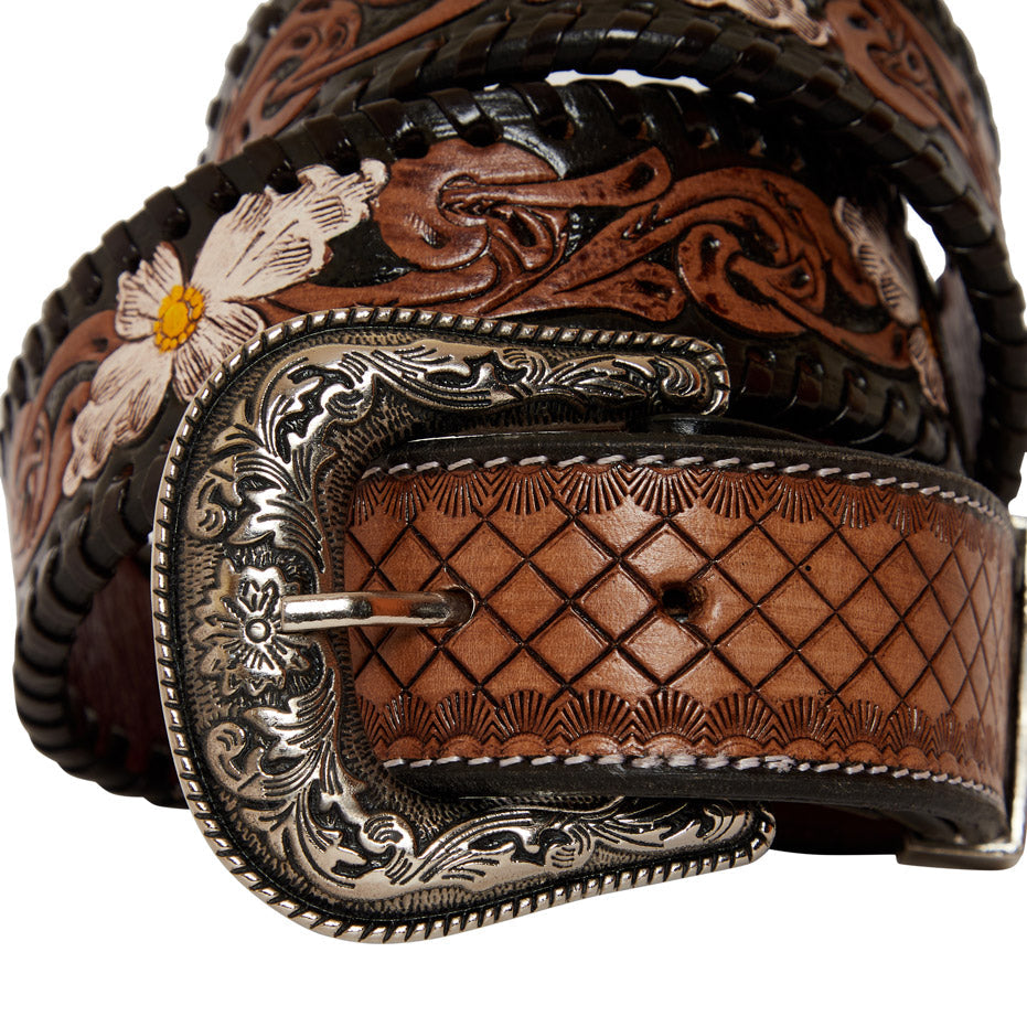 Checkered brown Hand-Tooled Leather Women's Belt