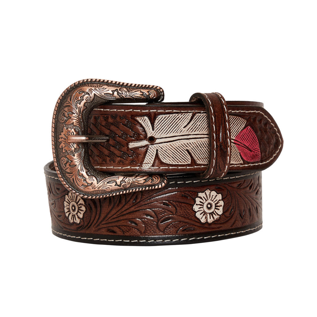 Pink feather Hand-Tooled Leather Women's Belt