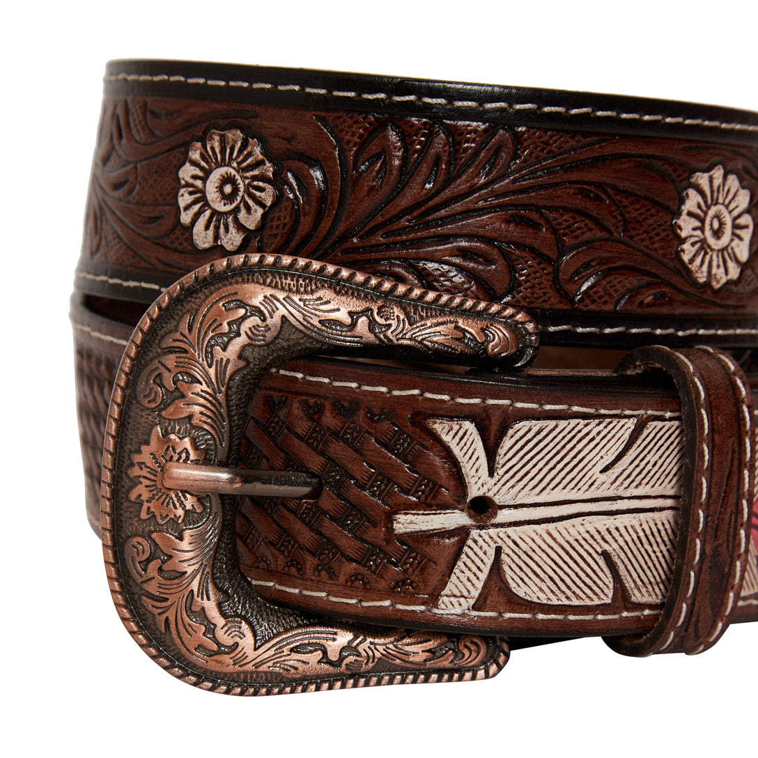 Pink feather Hand-Tooled Leather Women's Belt