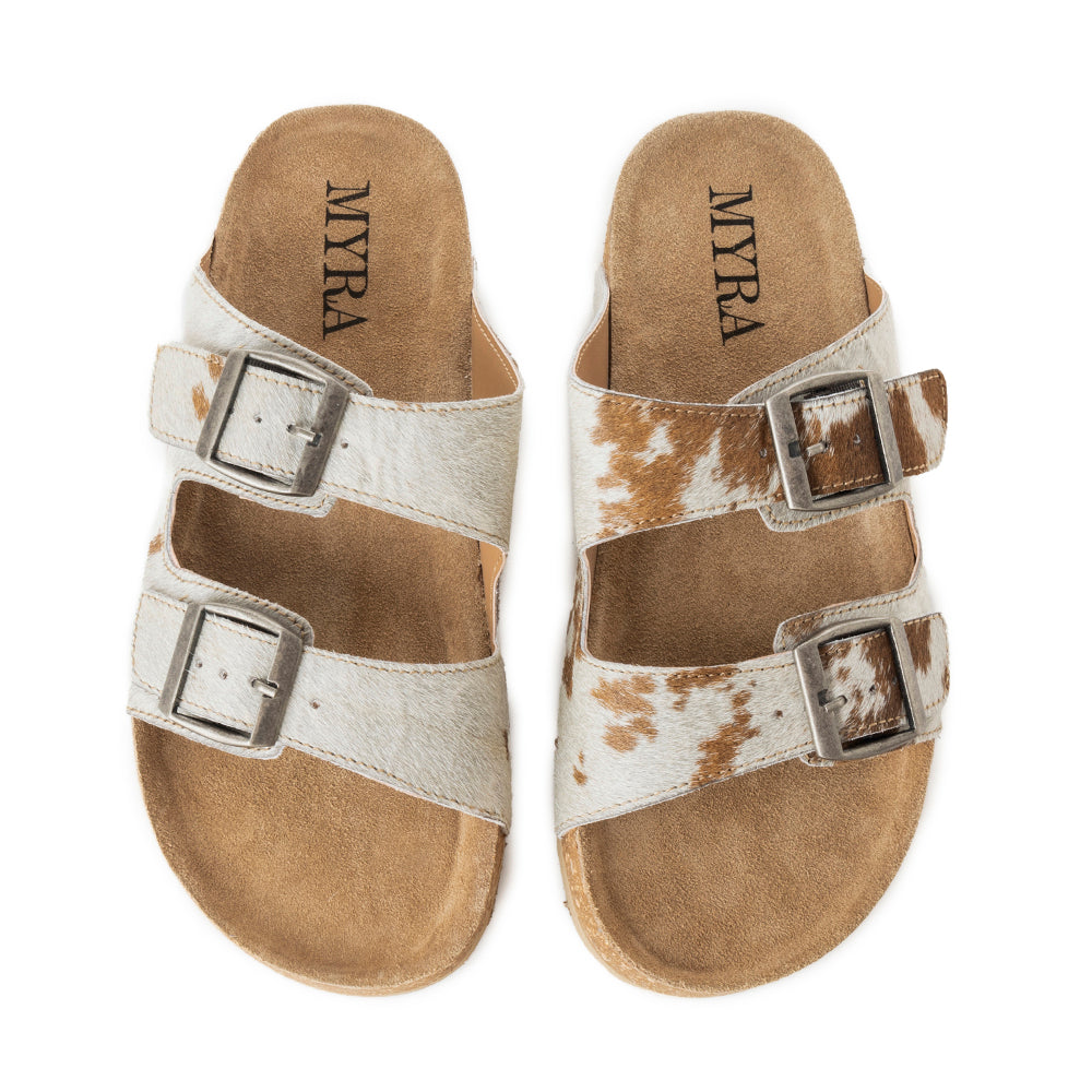 Myra Restful Hairon Leather Slides for Women – Adjustable Straps, Cork Footbed & Stylish Dual Buckle