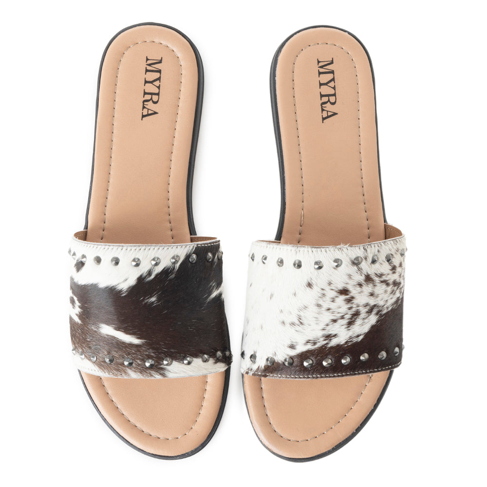 Myra Wild Dust Hairon Leather Slide Sandals â€“ Studded Flats for Women, Slip-On Comfort with Western Charm