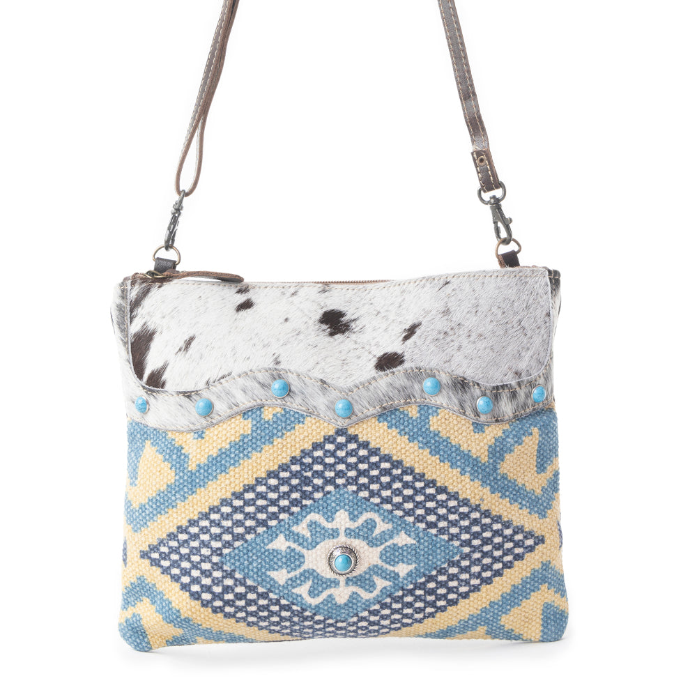 Myra Tufts Pattern Woven Hairon Crossbody â€“ Tribal Geometric Print with Leather Strap and Studded Accents