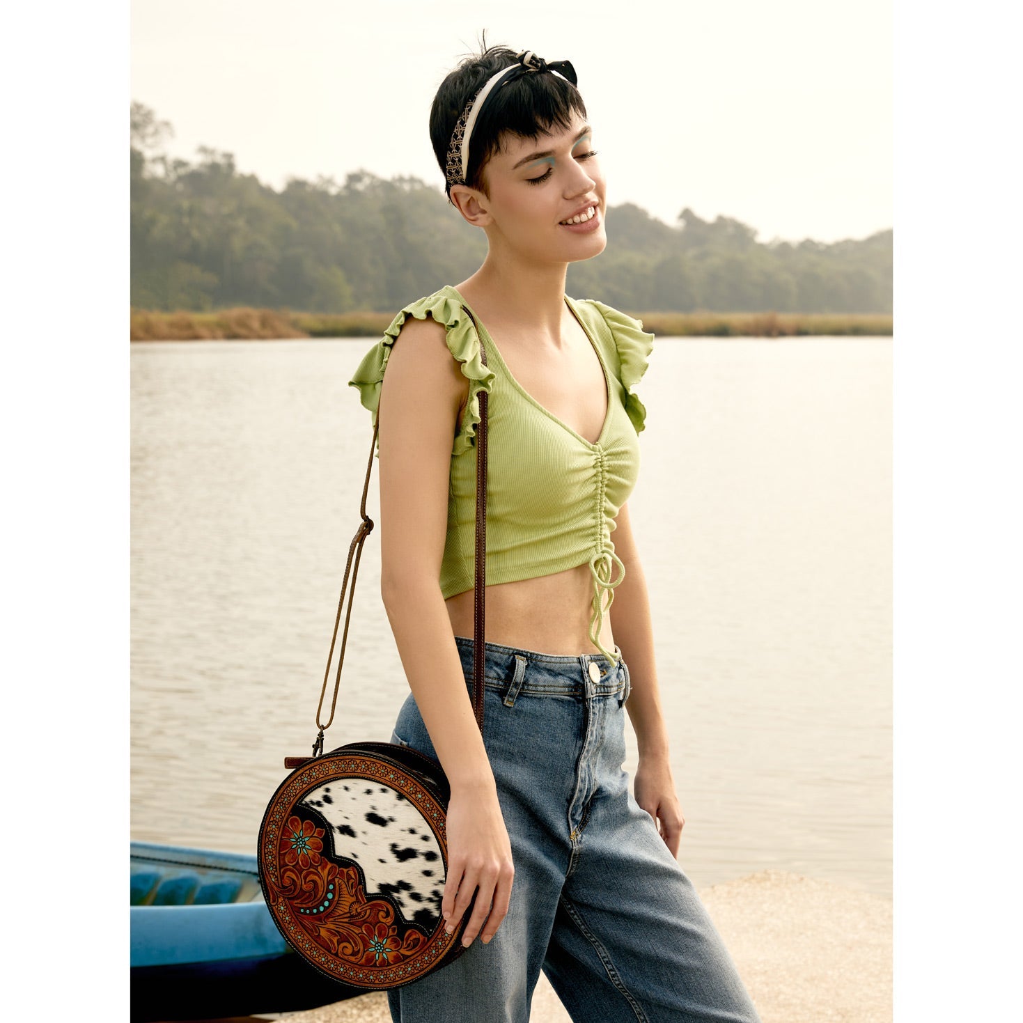 Myra Simply Sober Round Hairon Leather Crossbody â€“ Handtooled Floral & Cowhide Circle Bag for Carnival Adventures