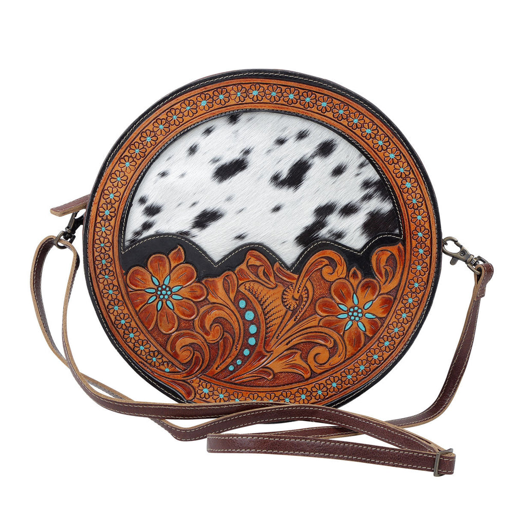 Myra Simply Sober Round Hairon Leather Crossbody â€“ Handtooled Floral & Cowhide Circle Bag for Carnival Adventures