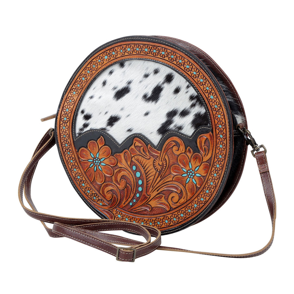 Myra Simply Sober Round Hairon Leather Crossbody â€“ Handtooled Floral & Cowhide Circle Bag for Carnival Adventures