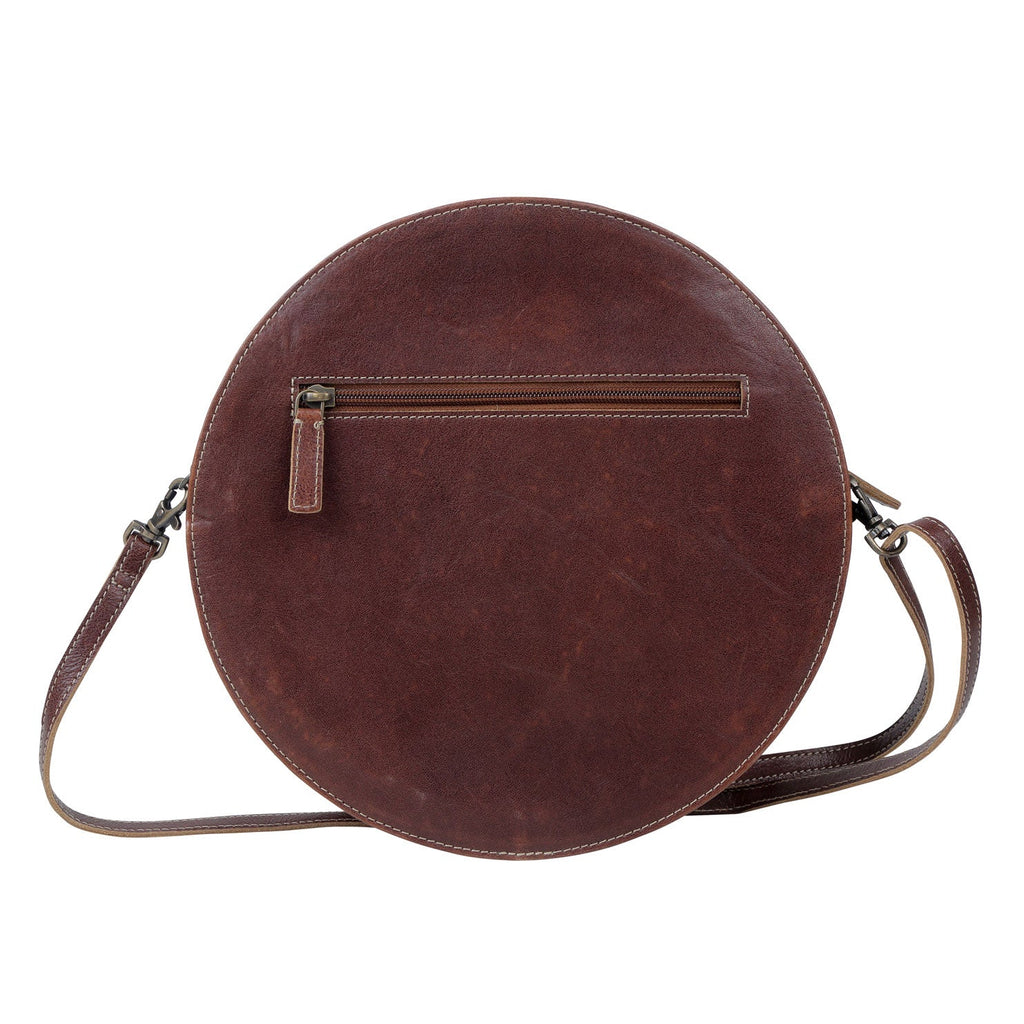 Myra Simply Sober Round Hairon Leather Crossbody â€“ Handtooled Floral & Cowhide Circle Bag for Carnival Adventures