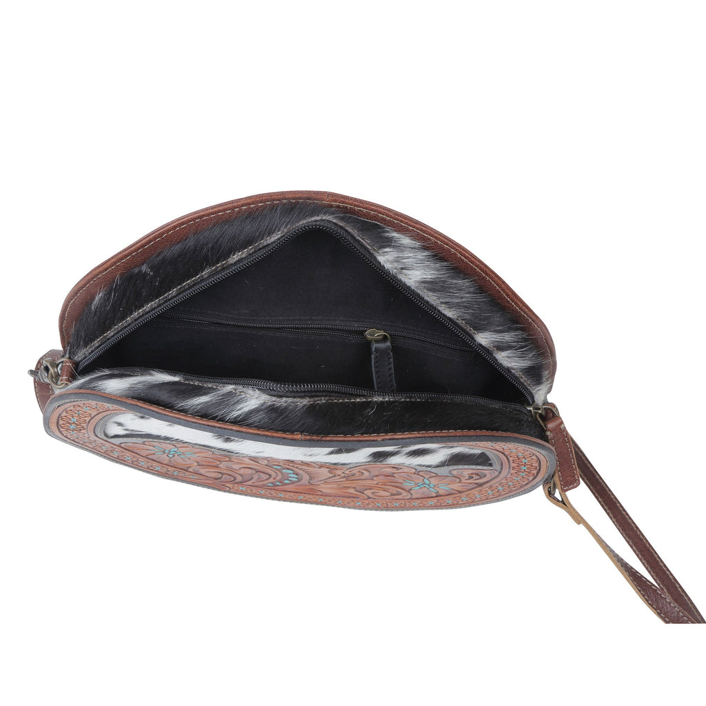 Myra Simply Sober Round Hairon Leather Crossbody â€“ Handtooled Floral & Cowhide Circle Bag for Carnival Adventures