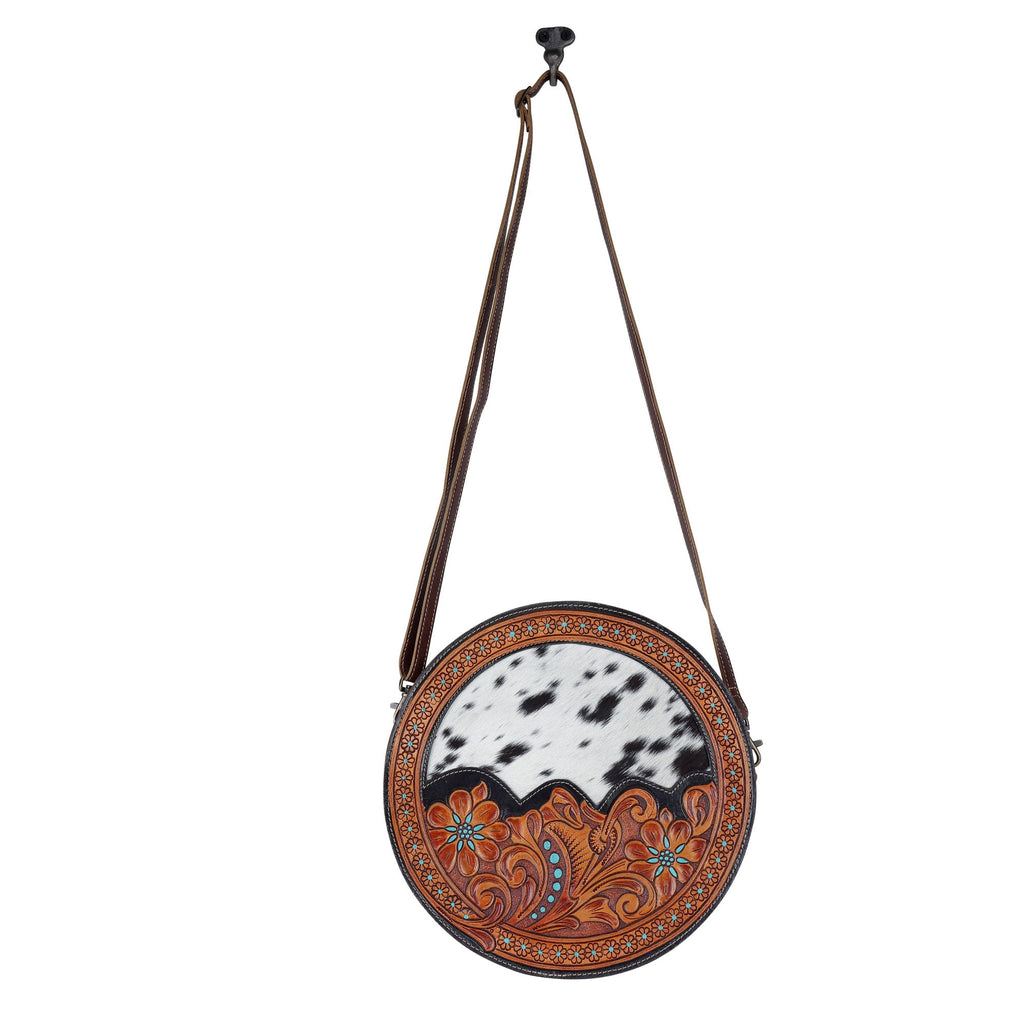 Myra Simply Sober Round Hairon Leather Crossbody â€“ Handtooled Floral & Cowhide Circle Bag for Carnival Adventures