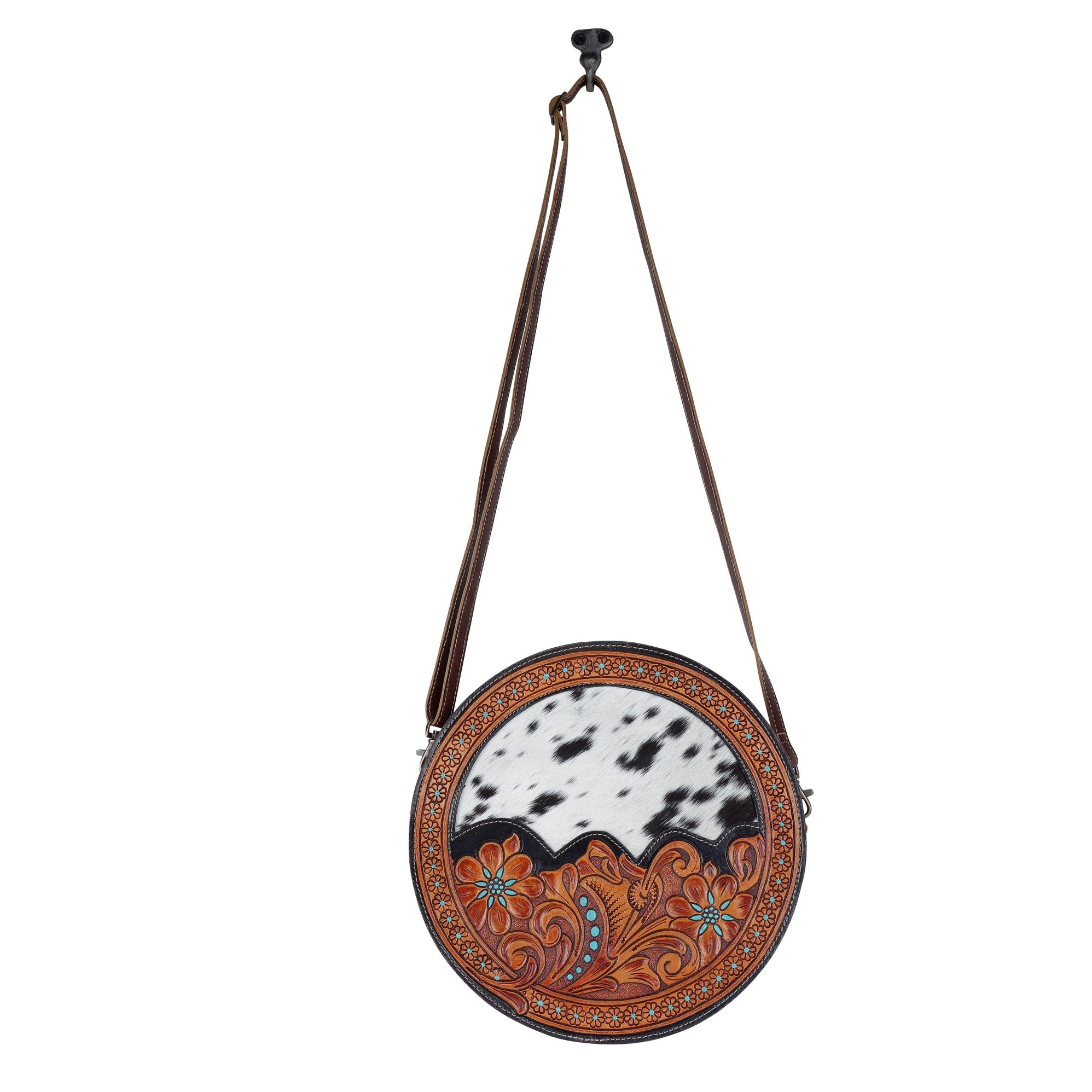 Myra Simply Sober Round Hairon Leather Crossbody â€“ Handtooled Floral & Cowhide Circle Bag for Carnival Adventures