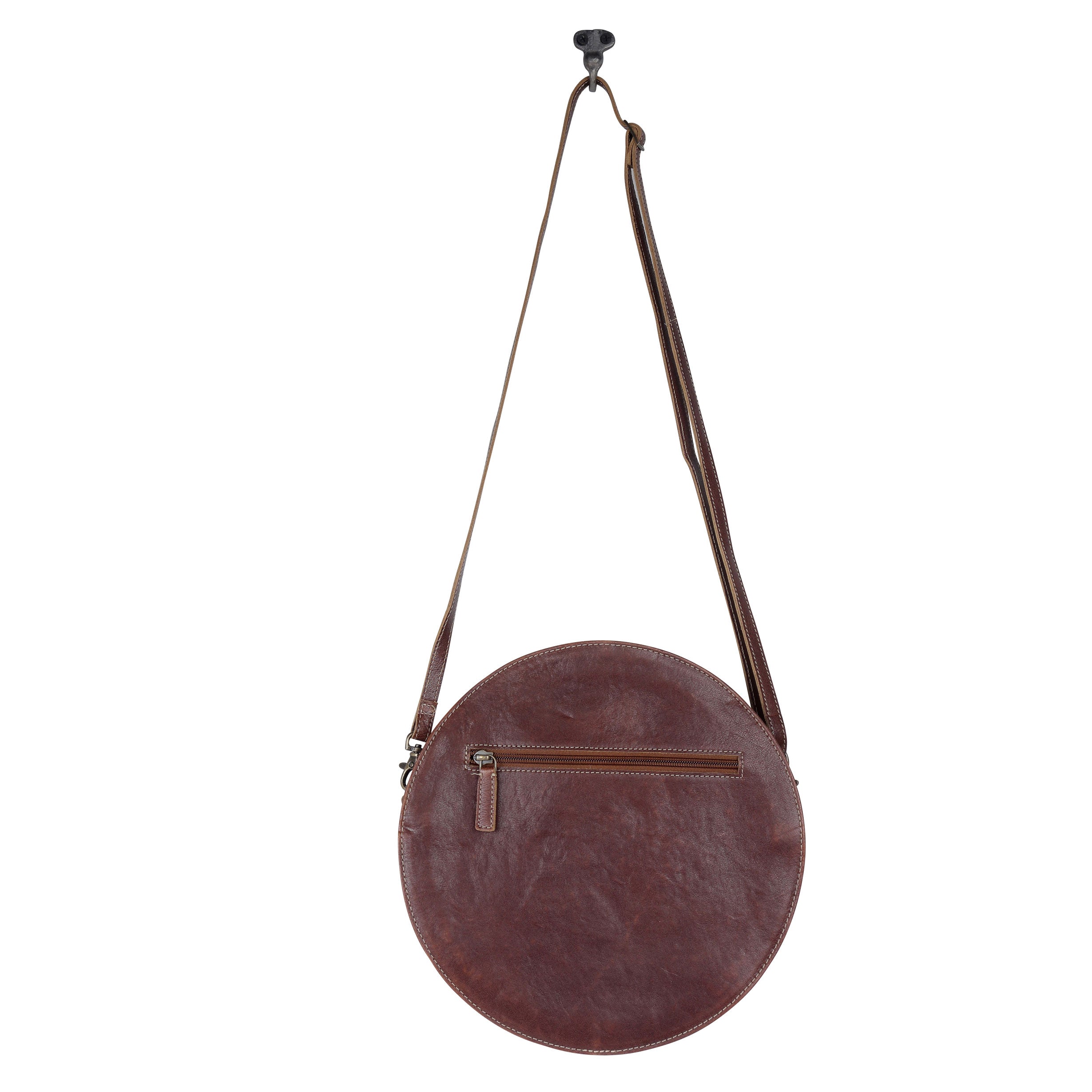 Myra Simply Sober Round Hairon Leather Crossbody â€“ Handtooled Floral & Cowhide Circle Bag for Carnival Adventures