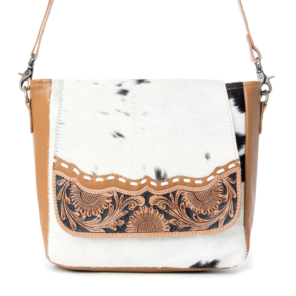 Myra Mangnifique Hairon Leather Crossbody Bag – Handtooled Flap, Concealed Carry Pocket & Adjustable Strap