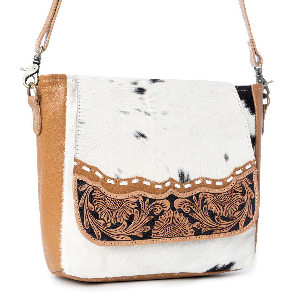 Myra Mangnifique Hairon Leather Crossbody Bag – Handtooled Flap, Concealed Carry Pocket & Adjustable Strap