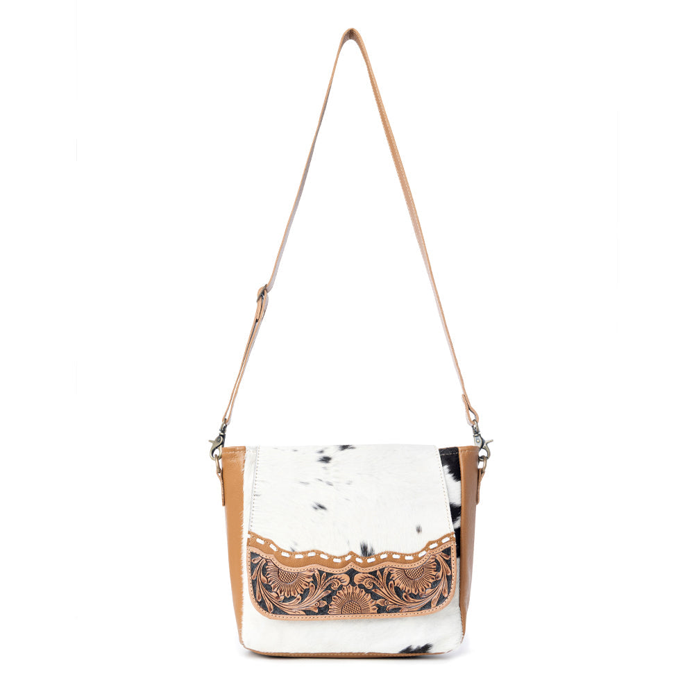 Myra Mangnifique Hairon Leather Crossbody Bag – Handtooled Flap, Concealed Carry Pocket & Adjustable Strap