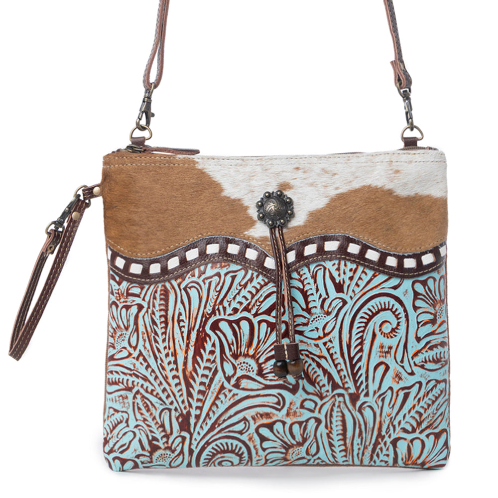 Myra Blue Isle Embossed Leather Crossbody Bag for Women Small Size Western Sling with Hairon Accents