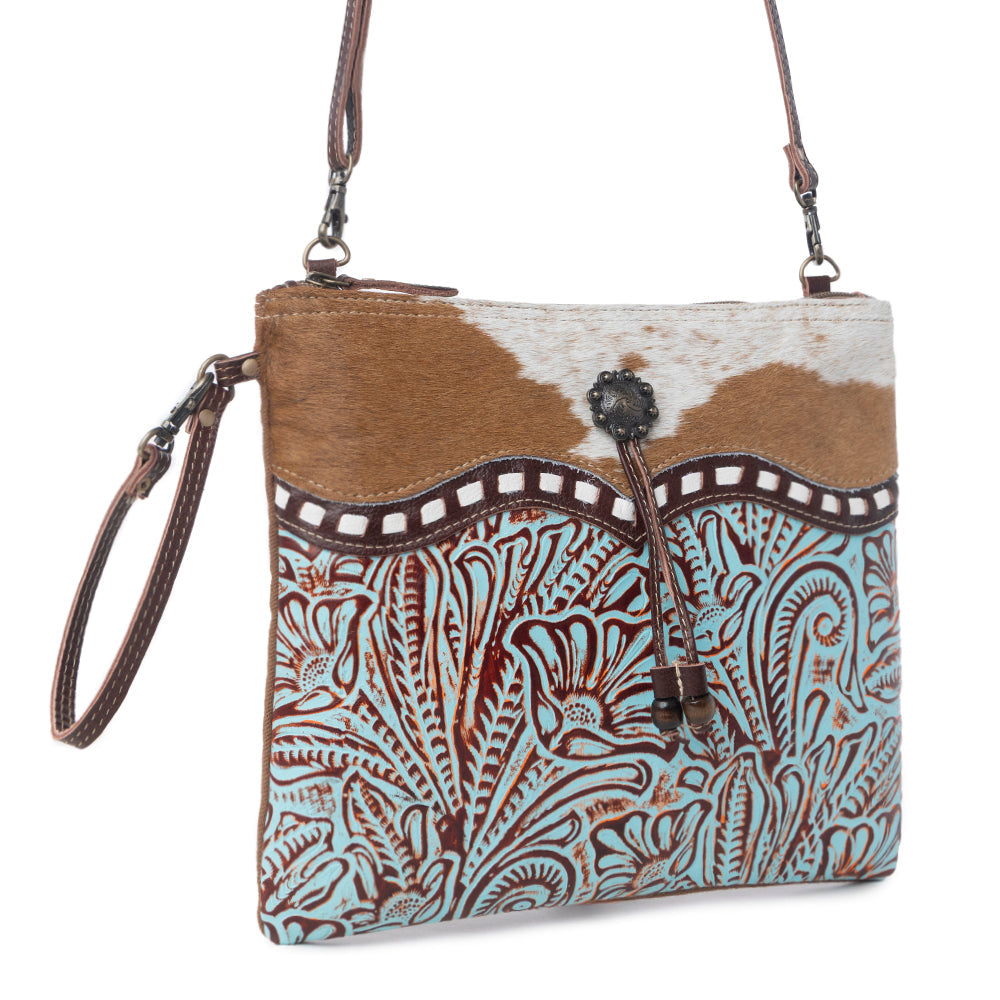 Myra Blue Isle Embossed Leather Crossbody Bag for Women Small Size Western Sling with Hairon Accents