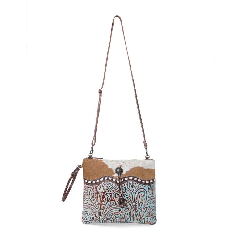 Myra Blue Isle Embossed Leather Crossbody Bag for Women Small Size Western Sling with Hairon Accents