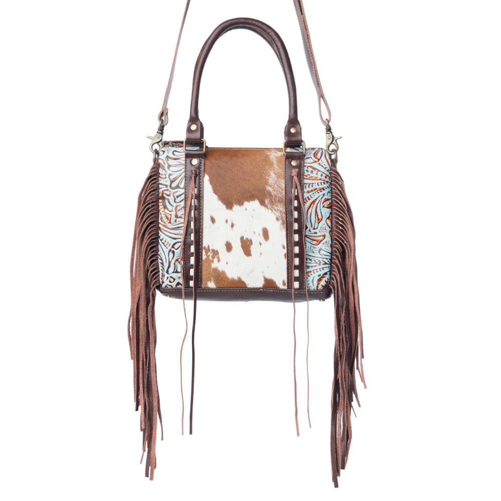 Myra Maia Hairon Leather Concealed Carry Bag for Women – Tooled Leather Panels, Fringed Sides, Dual Straps for Easy Carry