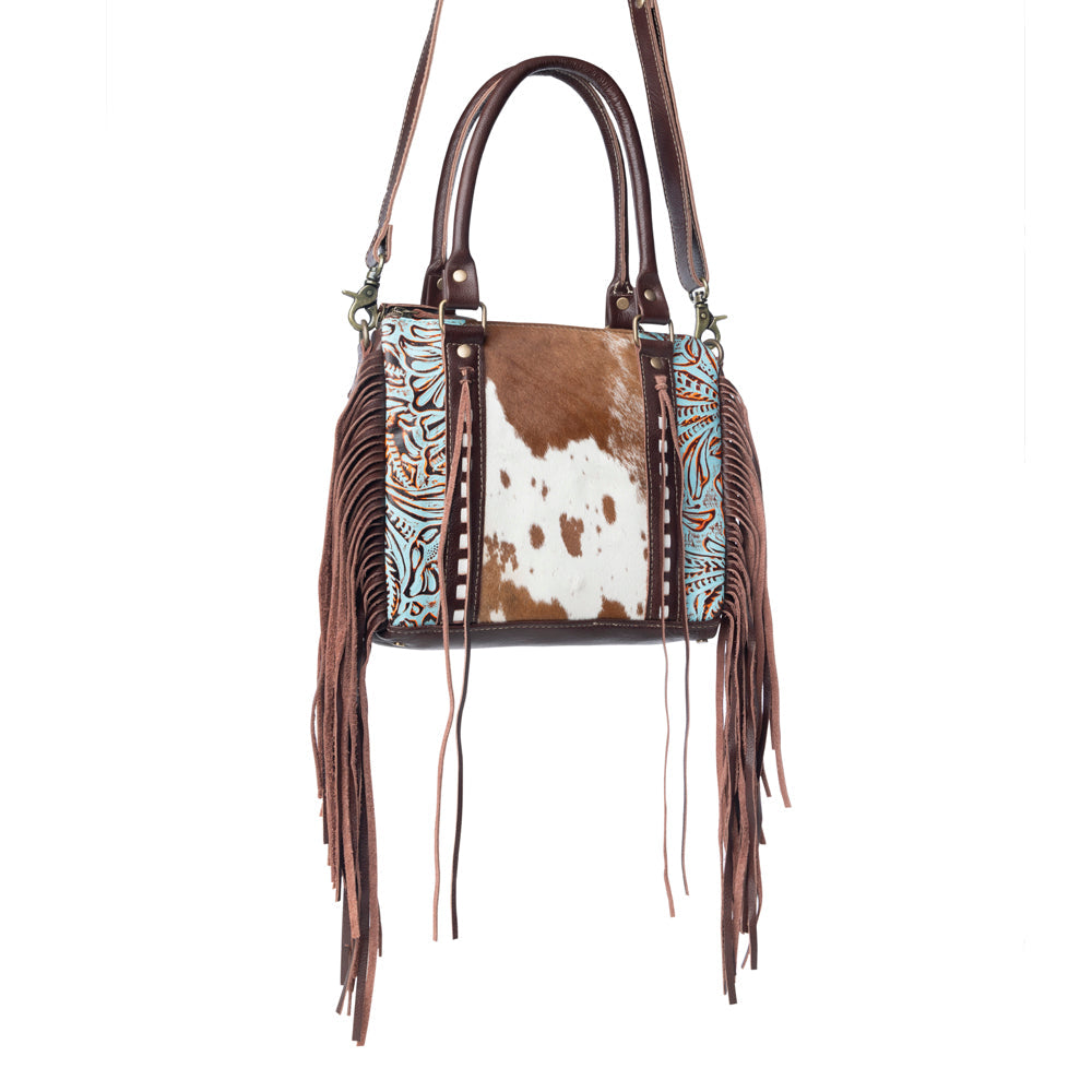 Myra Maia Hairon Leather Concealed Carry Bag for Women – Tooled Leather Panels, Fringed Sides, Dual Straps for Easy Carry