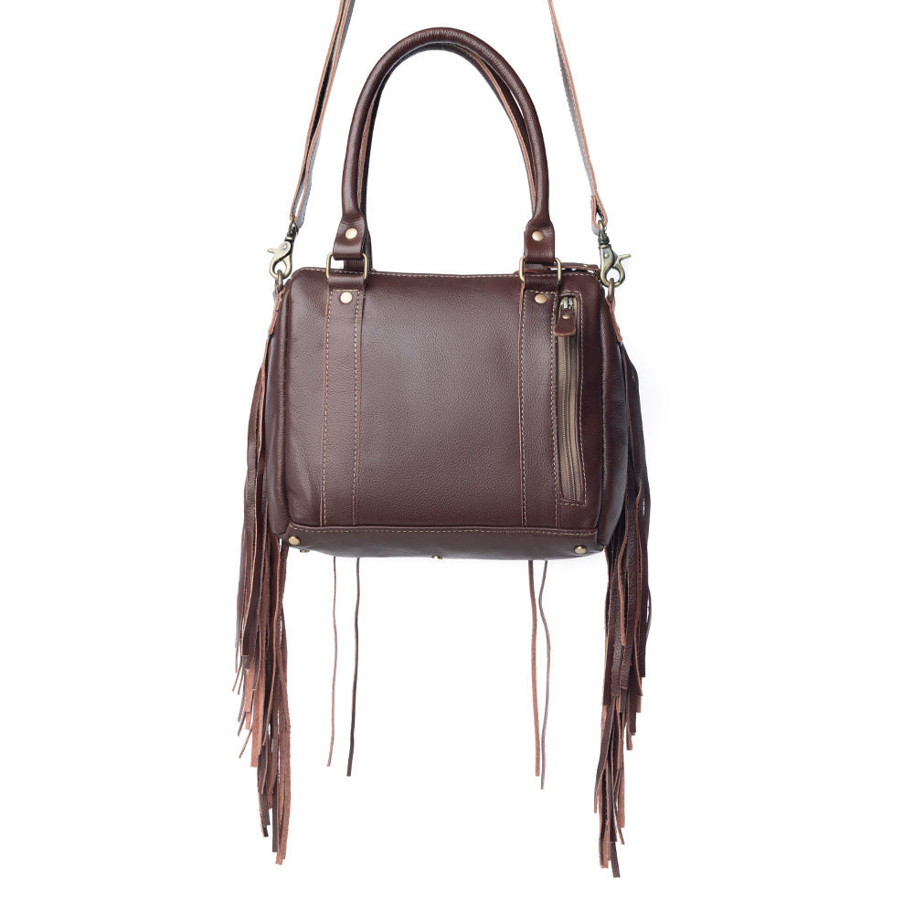 Myra Maia Hairon Leather Concealed Carry Bag for Women – Tooled Leather Panels, Fringed Sides, Dual Straps for Easy Carry