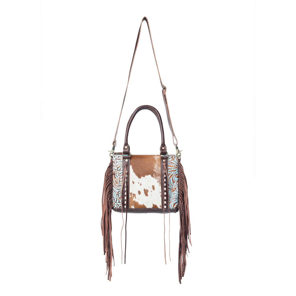 Myra Maia Hairon Leather Concealed Carry Bag for Women – Tooled Leather Panels, Fringed Sides, Dual Straps for Easy Carry