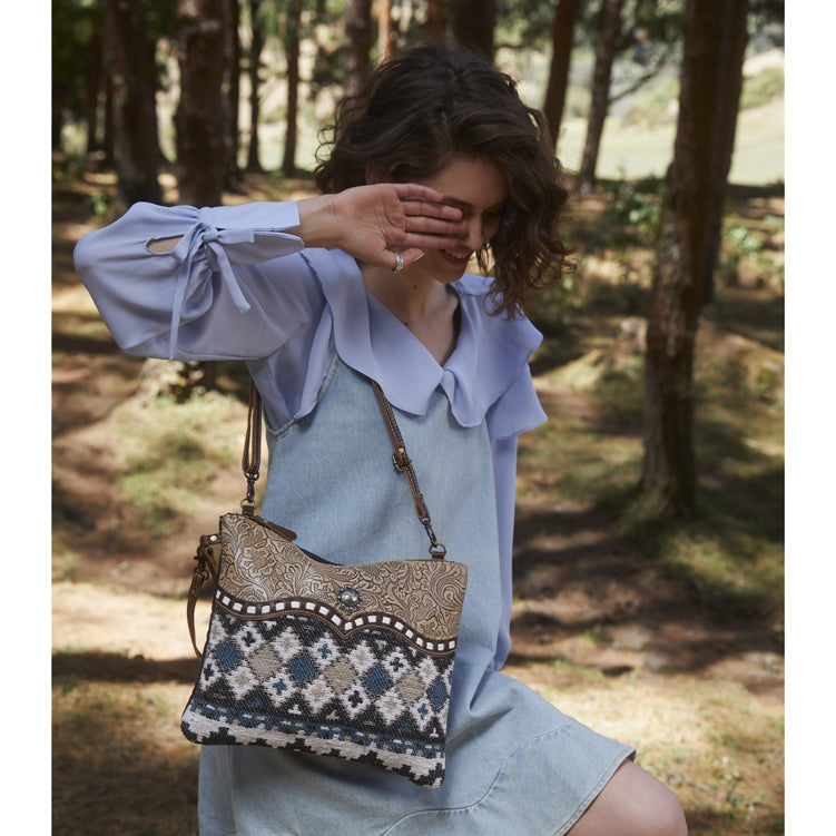 Myra Tincture Embossed Leather Crossbody Bag for Women Aztec Pattern, Adjustable Strap for Rodeo Style