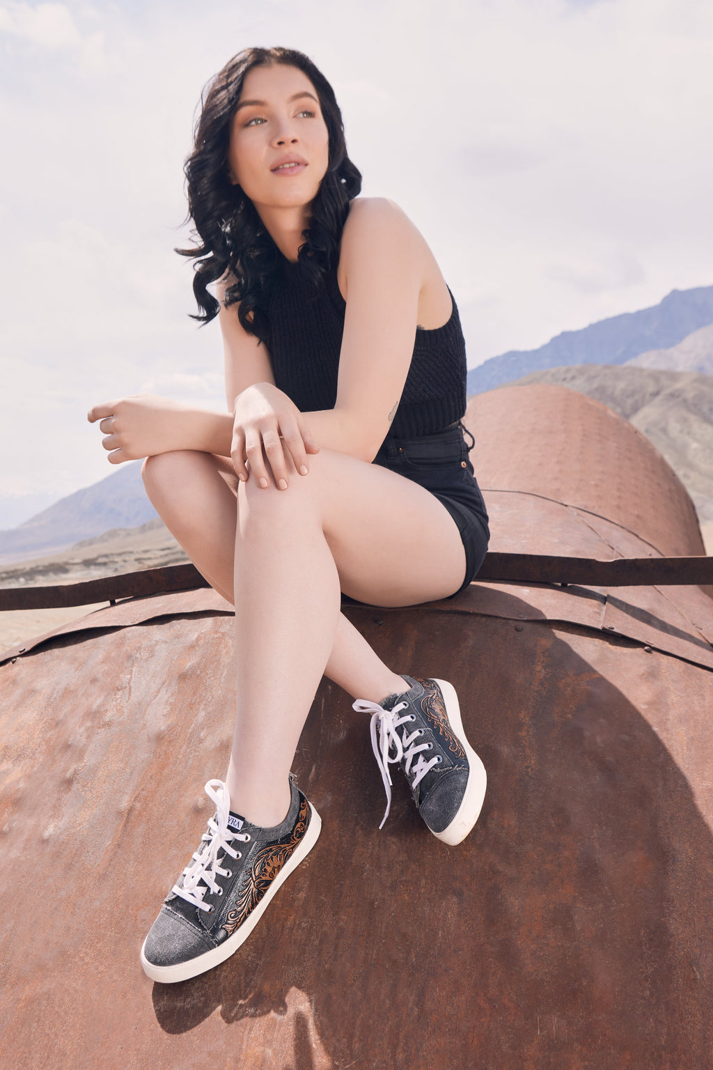 Myra Limited Edition Leather Sneakers for Women - Hand-Tooled Western Lace-Up Shoes with Textured Finish for Everyday Style