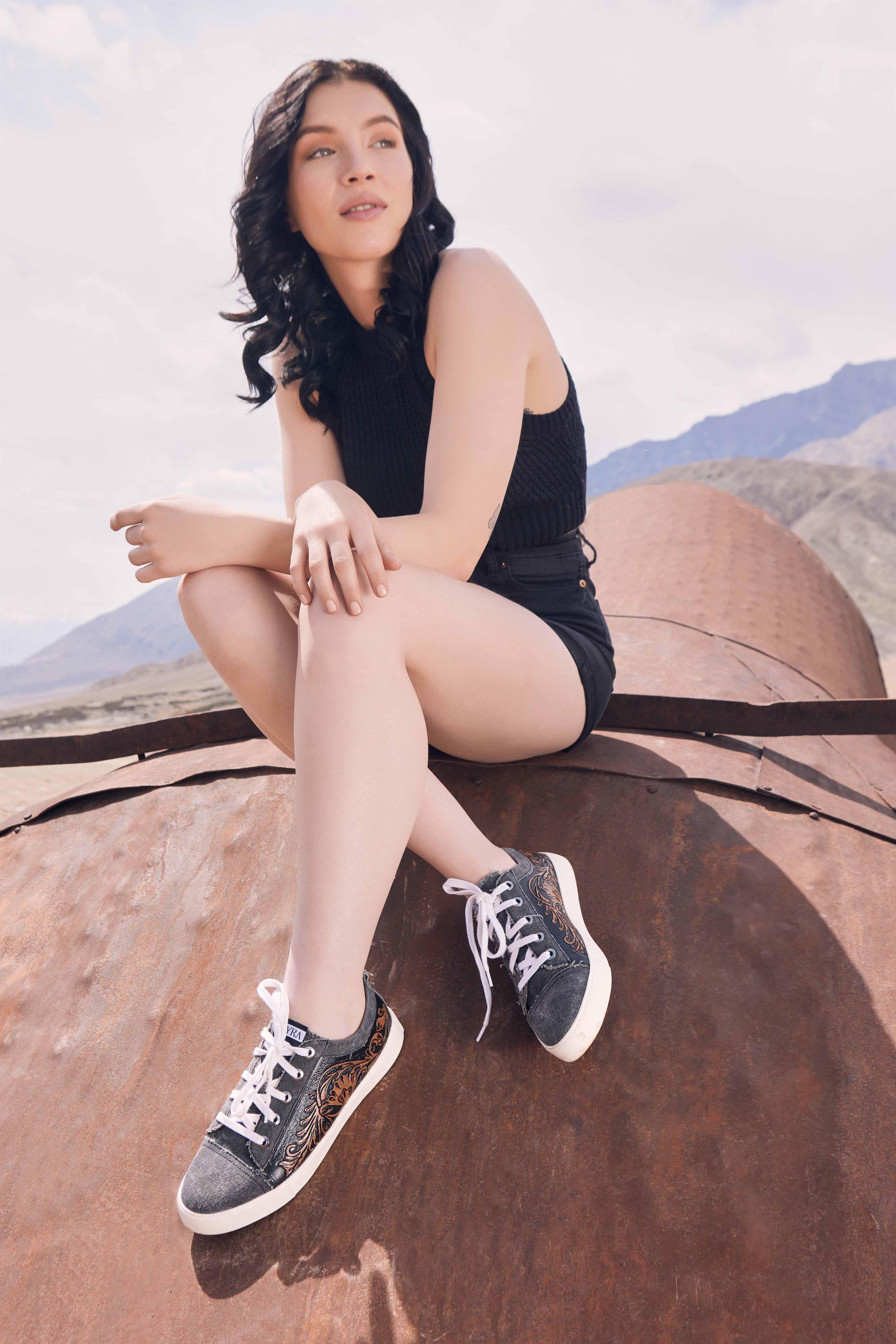 Myra Limited Edition Leather Sneakers for Women - Hand-Tooled Western Lace-Up Shoes with Textured Finish for Everyday Style
