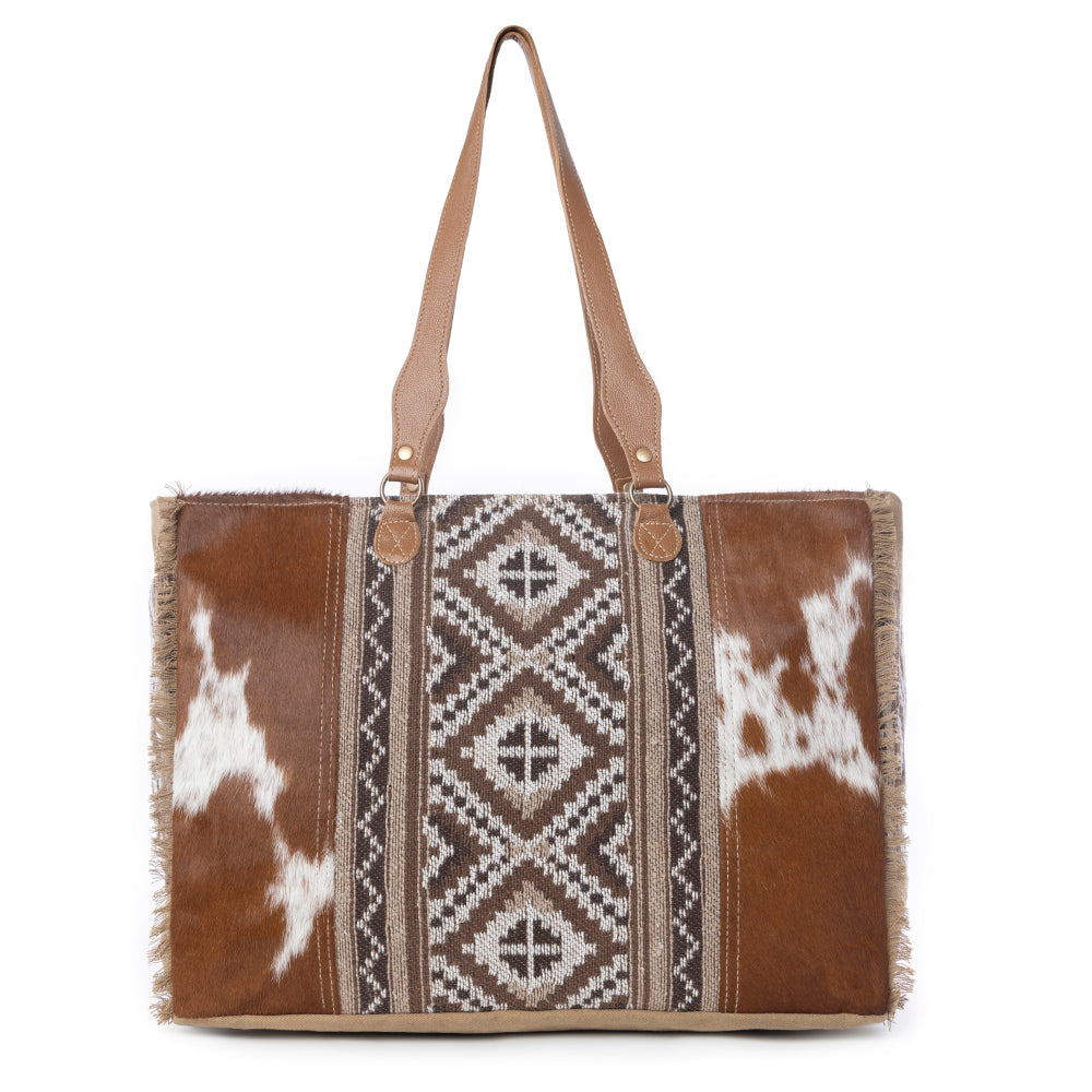 Myra Elisa Leather Weekender Bag - Spacious Cowhide Travel Tote with Tribal Woven Panel and Dual Shoulder Straps