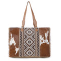 Myra Elisa Leather Weekender Bag - Spacious Cowhide Travel Tote with Tribal Woven Panel and Dual Shoulder Straps
