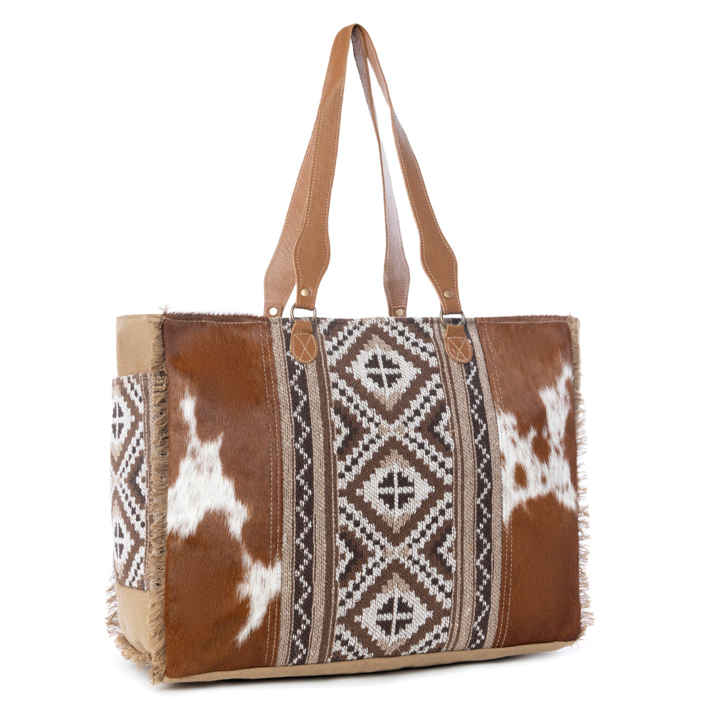 Myra Elisa Leather Weekender Bag - Spacious Cowhide Travel Tote with Tribal Woven Panel and Dual Shoulder Straps