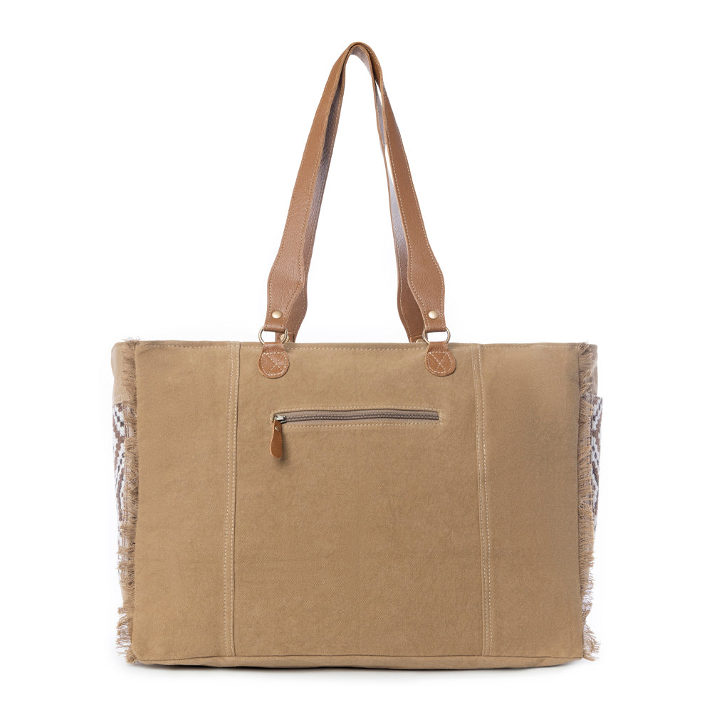 Myra Elisa Leather Weekender Bag - Spacious Cowhide Travel Tote with Tribal Woven Panel and Dual Shoulder Straps