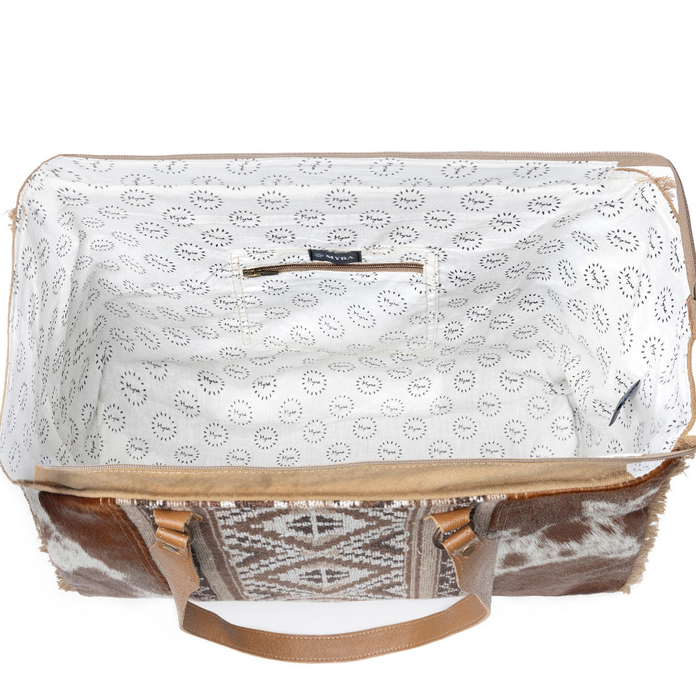 Myra Elisa Leather Weekender Bag - Spacious Cowhide Travel Tote with Tribal Woven Panel and Dual Shoulder Straps