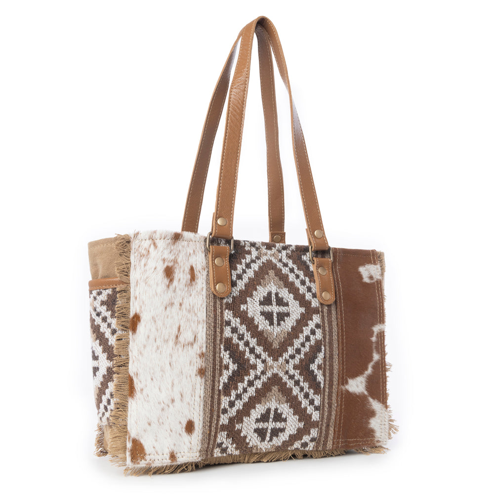 Myra Elisa Le Hairon Leather Tote Bag Fringe Accents, Handwoven Tribal Design for Everyday Use