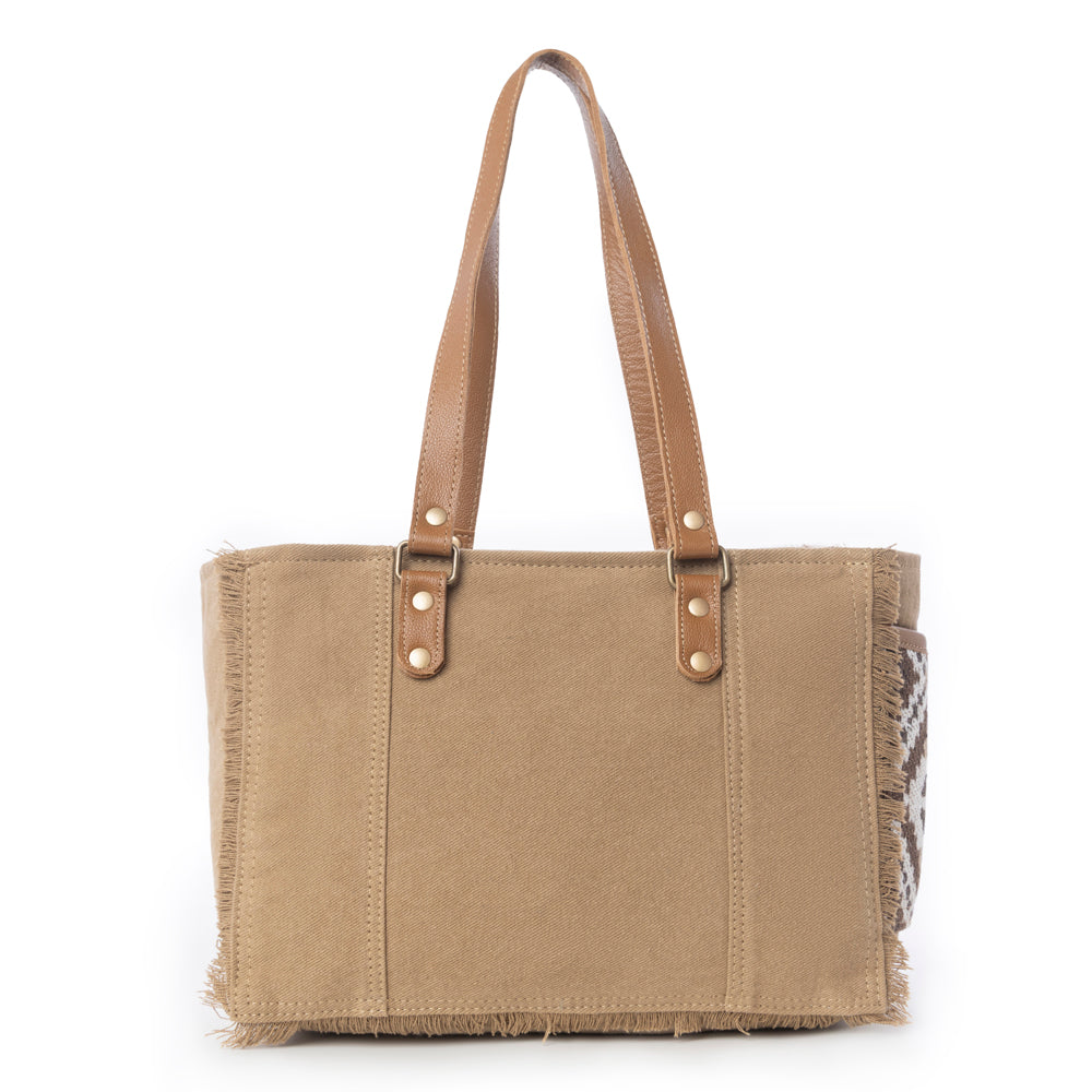 Myra Elisa Le Hairon Leather Tote Bag Fringe Accents, Handwoven Tribal Design for Everyday Use