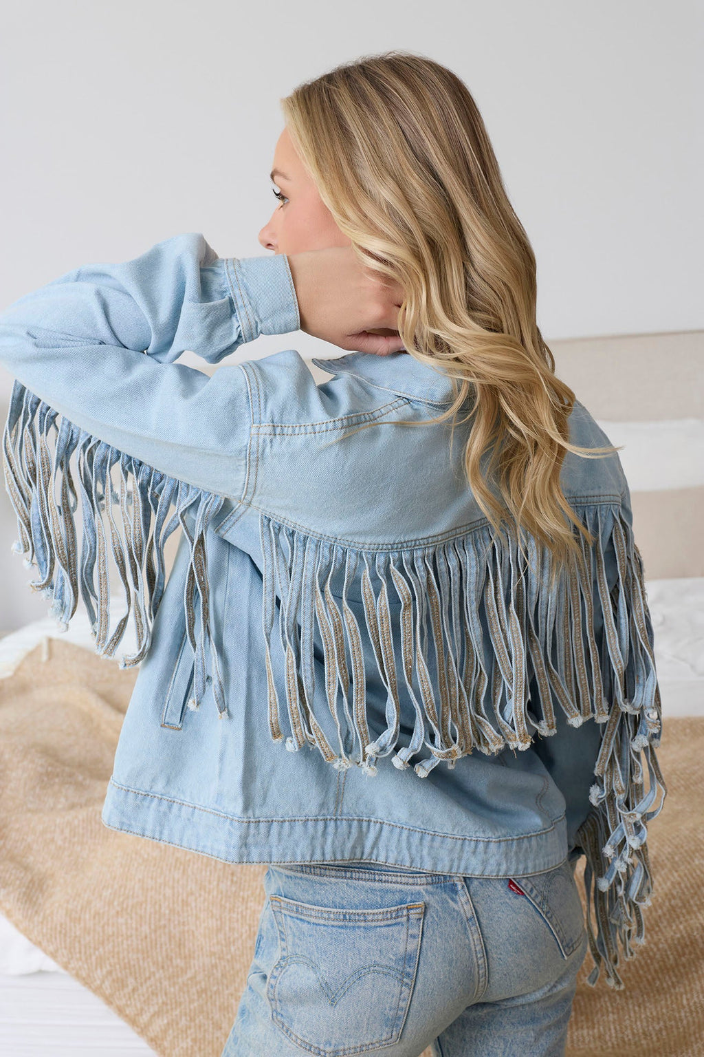 Cassie Fringed Light Wash Denim Jacket