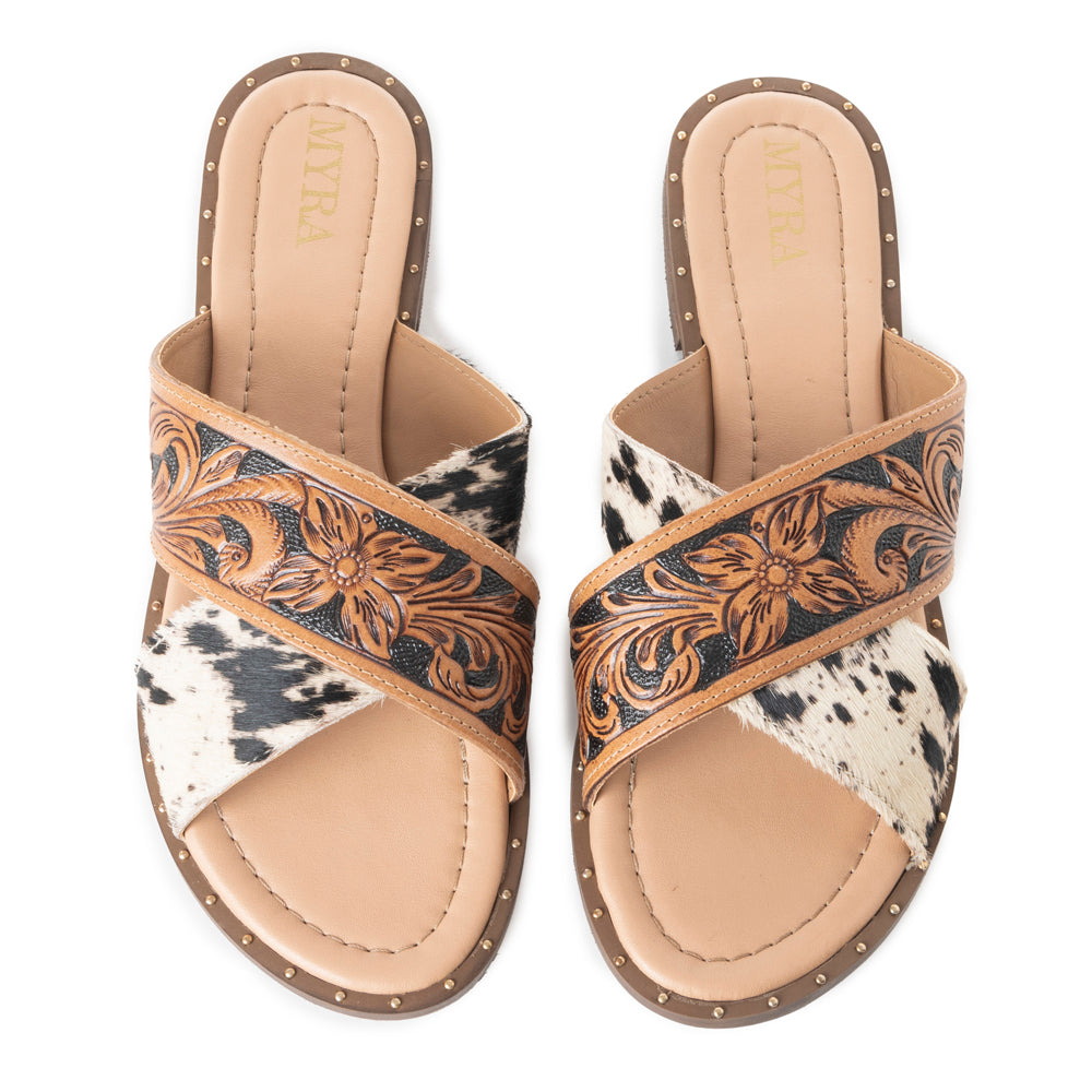Myra Chappy Leather Slip-On Sandals for Women - Criss-cross Hairon & Tooled Leather Slides for Everyday Ranch Style