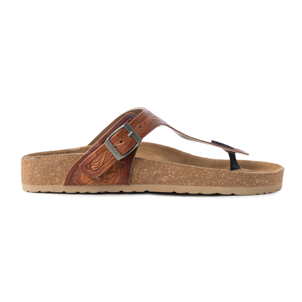 Myra Crockler Handtooled Leather Sandals for Women â€“ Adjustable Western Straps with Comfortable Cork Sole and Engraved Floral Pattern