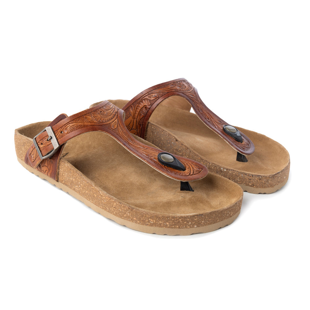 Myra Crockler Handtooled Leather Sandals for Women â€“ Adjustable Western Straps with Comfortable Cork Sole and Engraved Floral Pattern