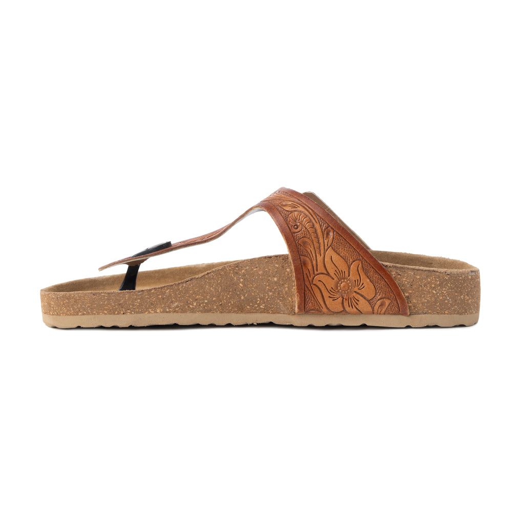 Myra Crockler Handtooled Leather Sandals for Women â€“ Adjustable Western Straps with Comfortable Cork Sole and Engraved Floral Pattern