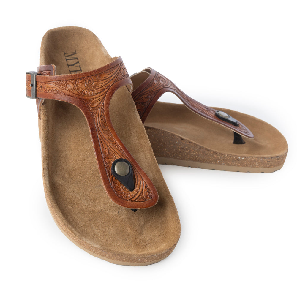 Myra Crockler Handtooled Leather Sandals for Women â€“ Adjustable Western Straps with Comfortable Cork Sole and Engraved Floral Pattern