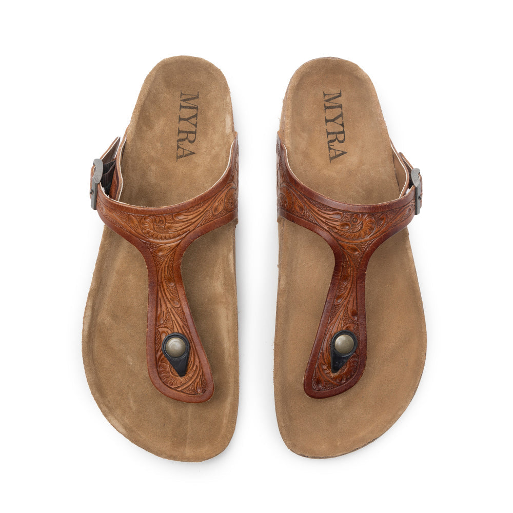 Myra Crockler Handtooled Leather Sandals for Women â€“ Adjustable Western Straps with Comfortable Cork Sole and Engraved Floral Pattern